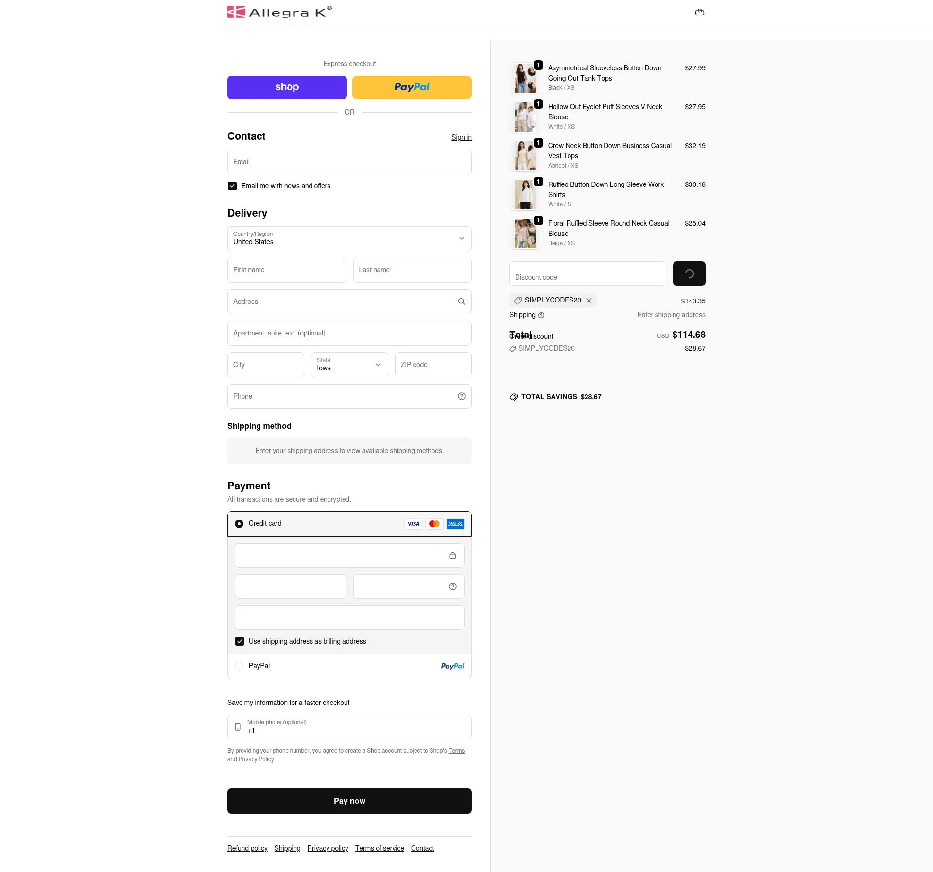 Allegra K checkout page showing Allegra K coupon code box | Screenshot taken by SimplyCodes community member on Feb 21, 2026