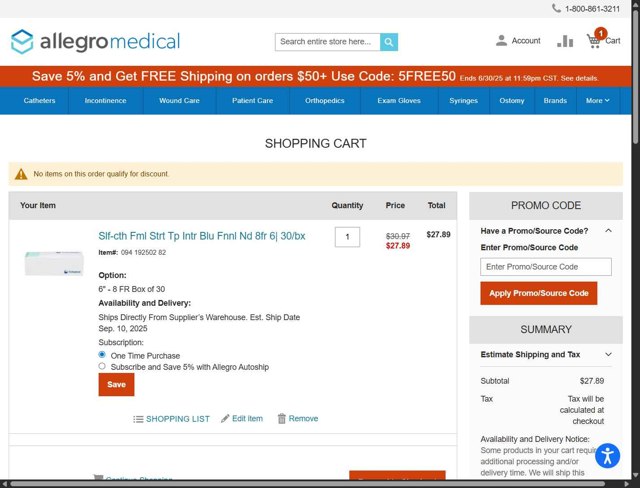 AllegroMedical checkout page showing AllegroMedical promo code box | Screenshot taken by SimplyCodes community member on Sep 5, 2025