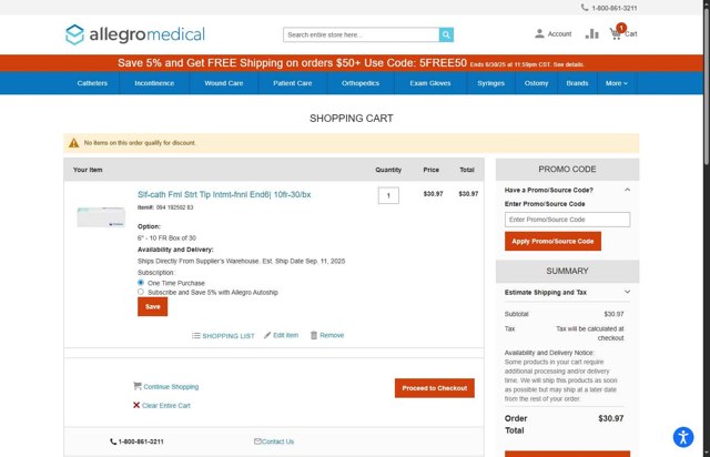 AllegroMedical checkout page showing AllegroMedical promo code box | Screenshot taken by SimplyCodes community member on Sep 8, 2025