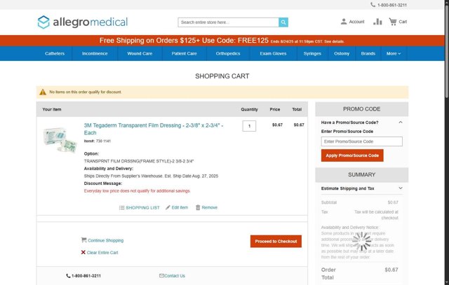 AllegroMedical checkout page showing AllegroMedical promo code box | Screenshot taken by SimplyCodes community member on Aug 22, 2025