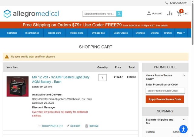 AllegroMedical checkout page showing AllegroMedical promo code box | Screenshot taken by SimplyCodes community member on Aug 18, 2025