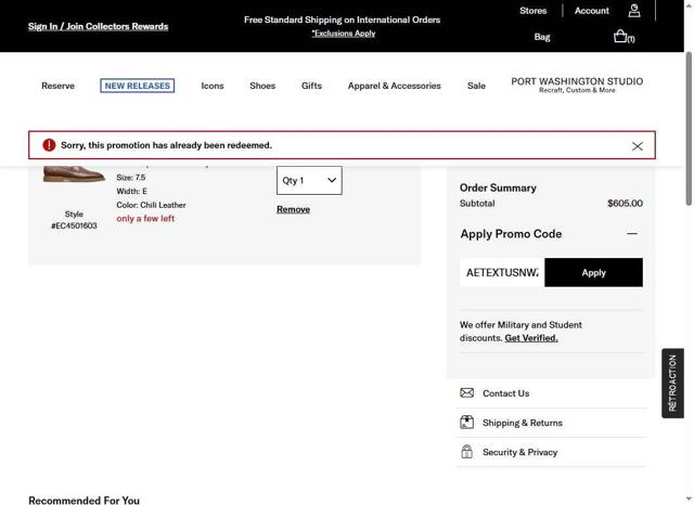 Allen Edmonds checkout page showing Allen Edmonds promo code box | Screenshot taken by SimplyCodes community member on Jul 9, 2025