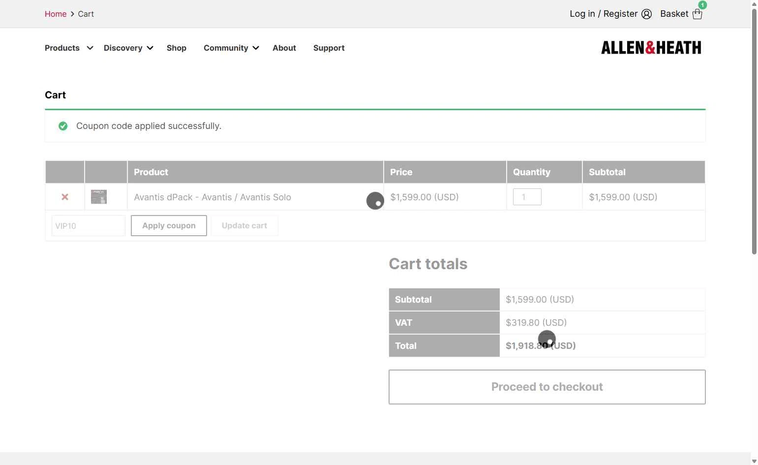 Allen & Heath checkout page showing Allen & Heath promo code box | Screenshot taken by SimplyCodes community member on Feb 5, 2026