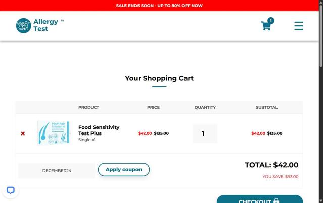 Allergy Test checkout page showing Allergy Test coupon code box | Screenshot taken by SimplyCodes community member on Apr 18, 2025