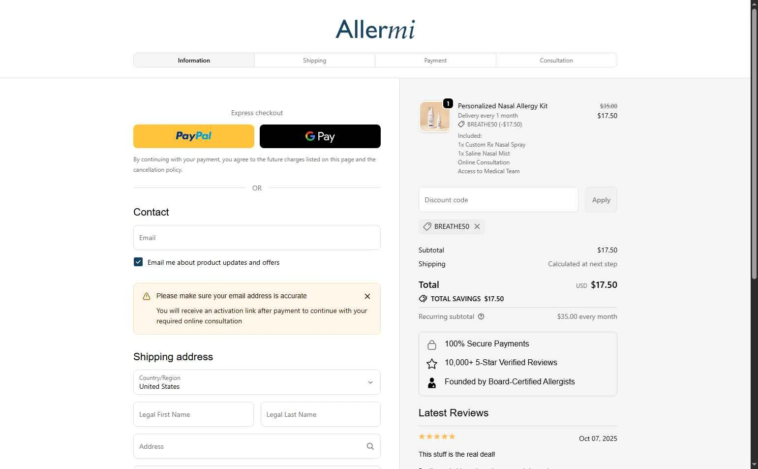 Allermi checkout page showing Allermi discount code box | Screenshot taken by SimplyCodes community member on Oct 7, 2025