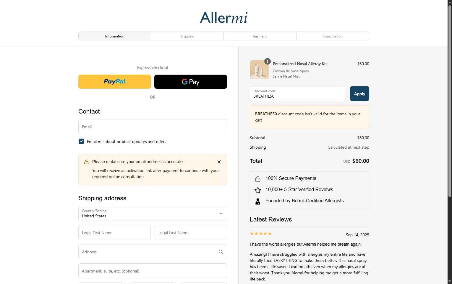 Allermi checkout page showing Allermi discount code box | Screenshot taken by SimplyCodes community member on Sep 14, 2025