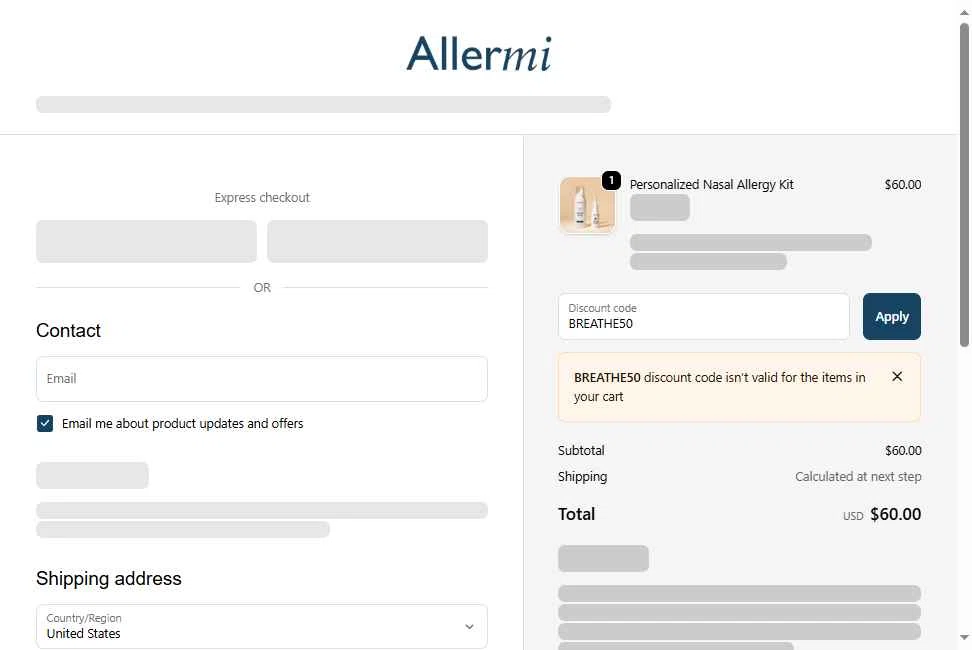Allermi checkout page showing Allermi discount code box | Screenshot taken by SimplyCodes community member on Oct 7, 2025