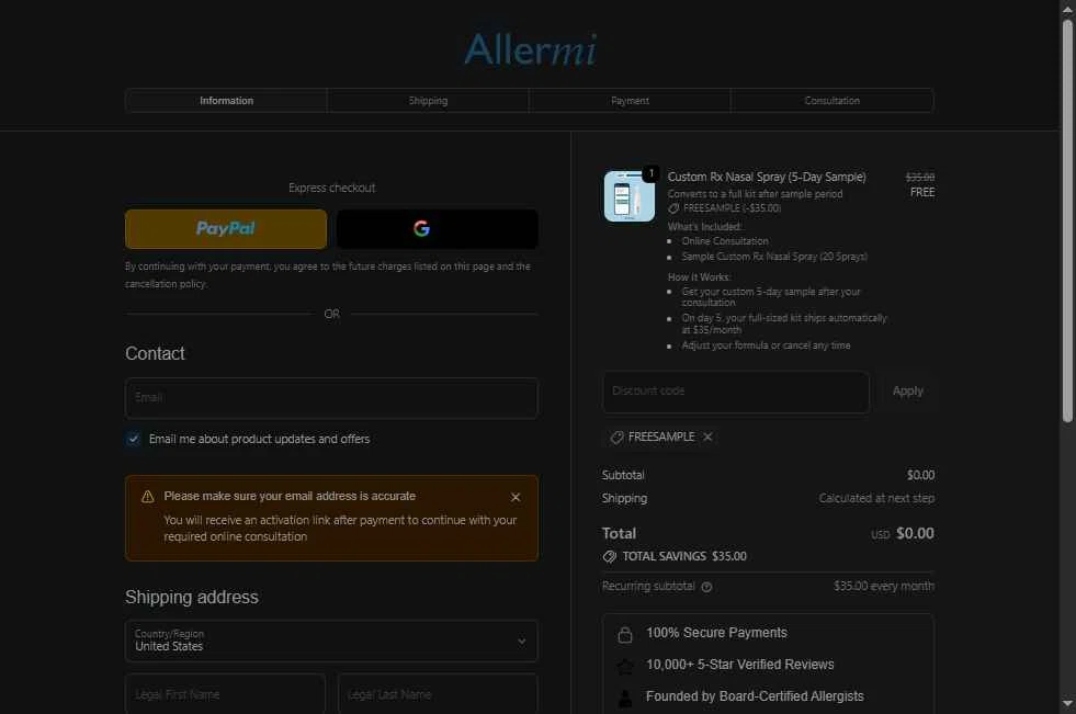Allermi checkout page showing Allermi discount code box | Screenshot taken by SimplyCodes community member on Nov 7, 2025