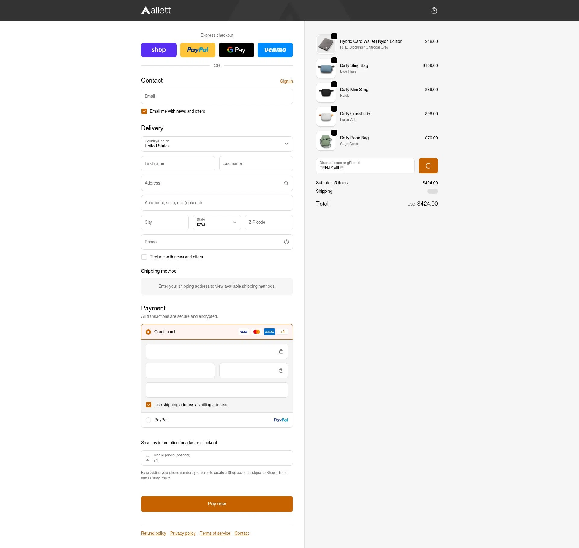 Allett checkout page showing Allett promo code box | Screenshot taken by SimplyCodes community member on Feb 6, 2026