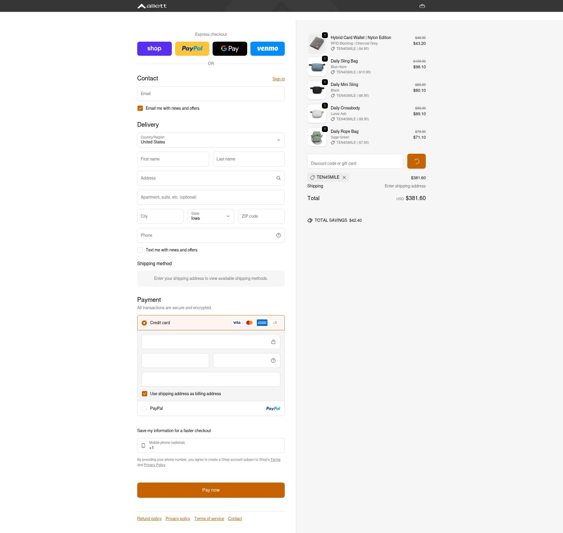 Allett checkout page showing Allett promo code box | Screenshot taken by SimplyCodes community member on Feb 1, 2026