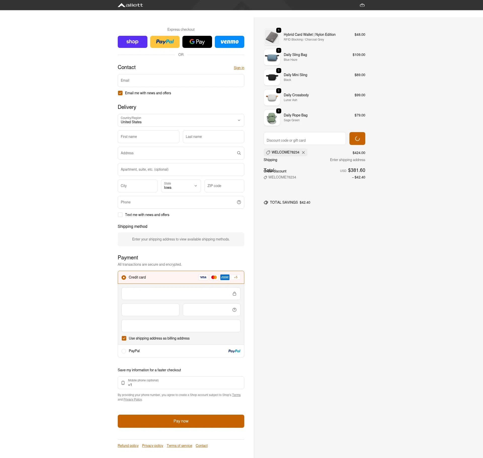 Allett checkout page showing Allett promo code box | Screenshot taken by SimplyCodes community member on Feb 6, 2026