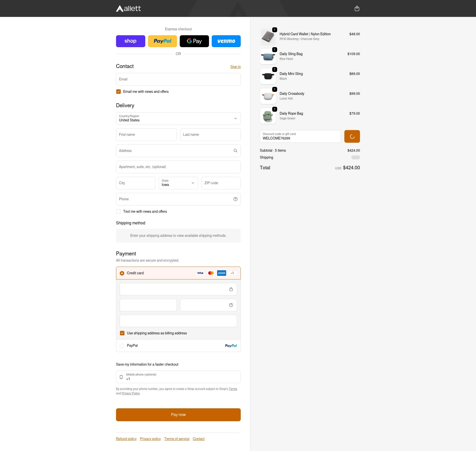 Allett checkout page showing Allett promo code box | Screenshot taken by SimplyCodes community member on Feb 6, 2026