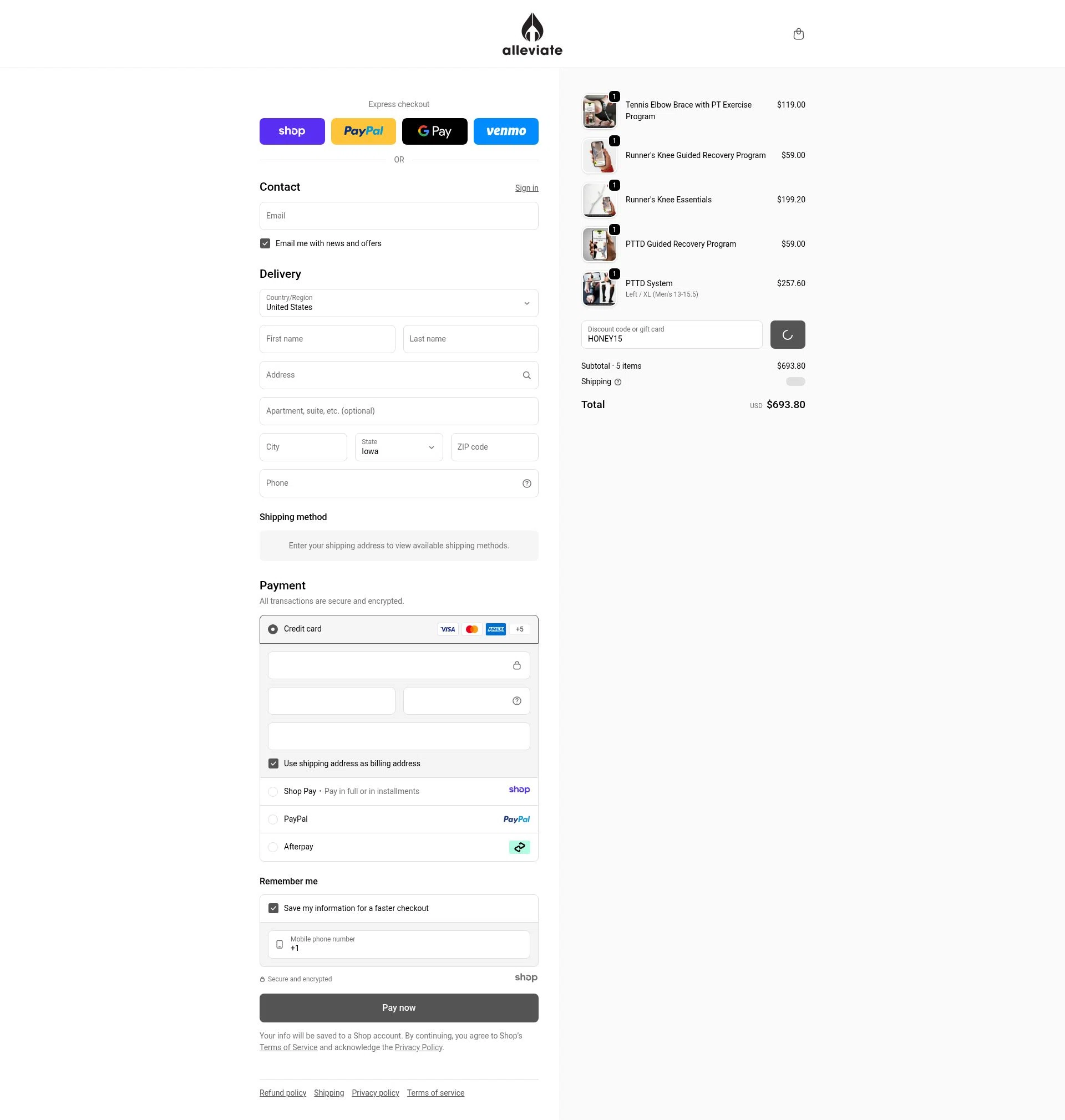 Alleviate Therapy checkout page showing Alleviate Therapy discount code box | Screenshot taken by SimplyCodes community member on Jan 7, 2026