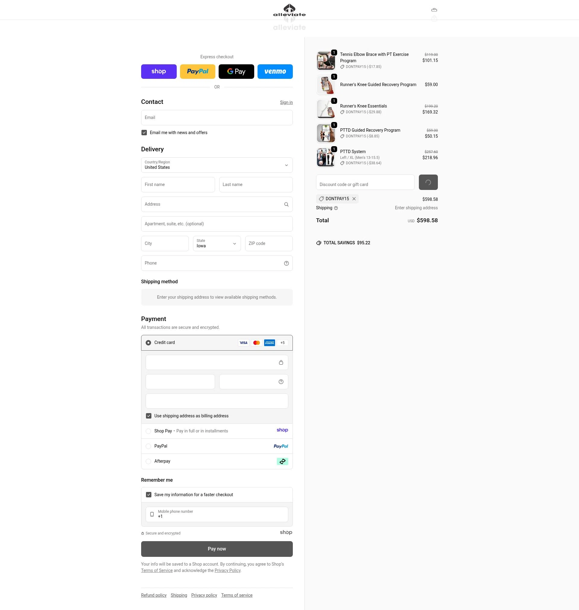 Alleviate Therapy checkout page showing Alleviate Therapy discount code box | Screenshot taken by SimplyCodes community member on Jan 7, 2026