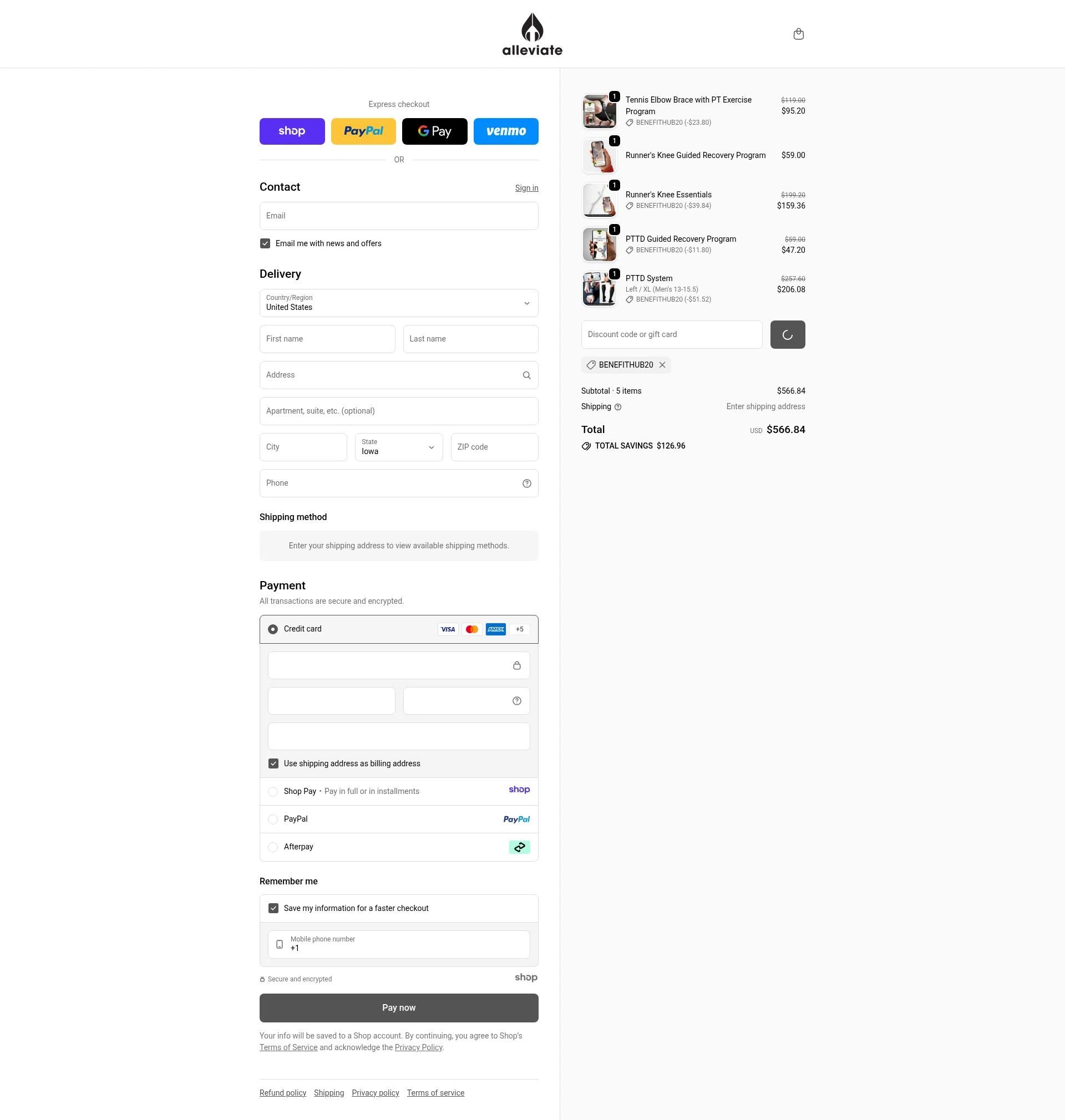 Alleviate Therapy checkout page showing Alleviate Therapy discount code box | Screenshot taken by SimplyCodes community member on Jan 2, 2026