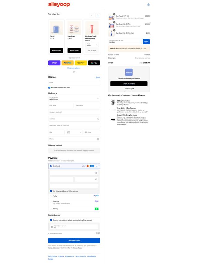 Alleyoop checkout page showing Alleyoop discount code box | Screenshot taken by SimplyCodes community member on Sep 16, 2025