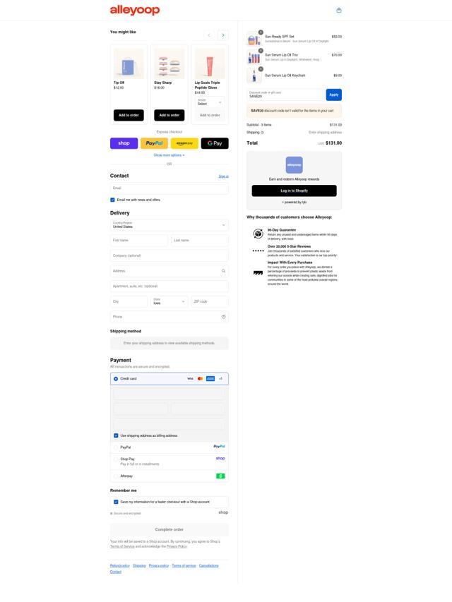 Alleyoop checkout page showing Alleyoop discount code box | Screenshot taken by SimplyCodes community member on Sep 11, 2025
