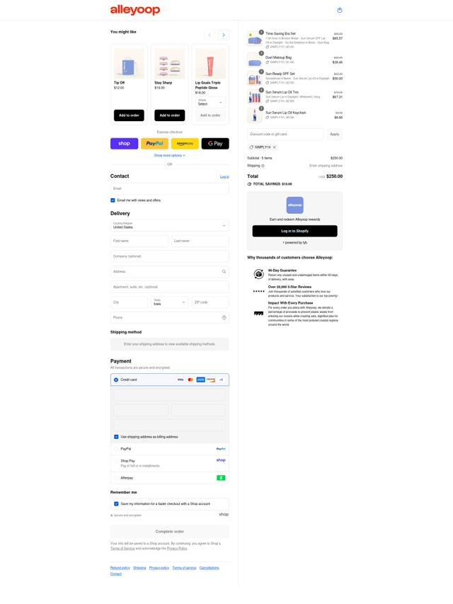 Alleyoop checkout page showing Alleyoop discount code box | Screenshot taken by SimplyCodes community member on Sep 3, 2025