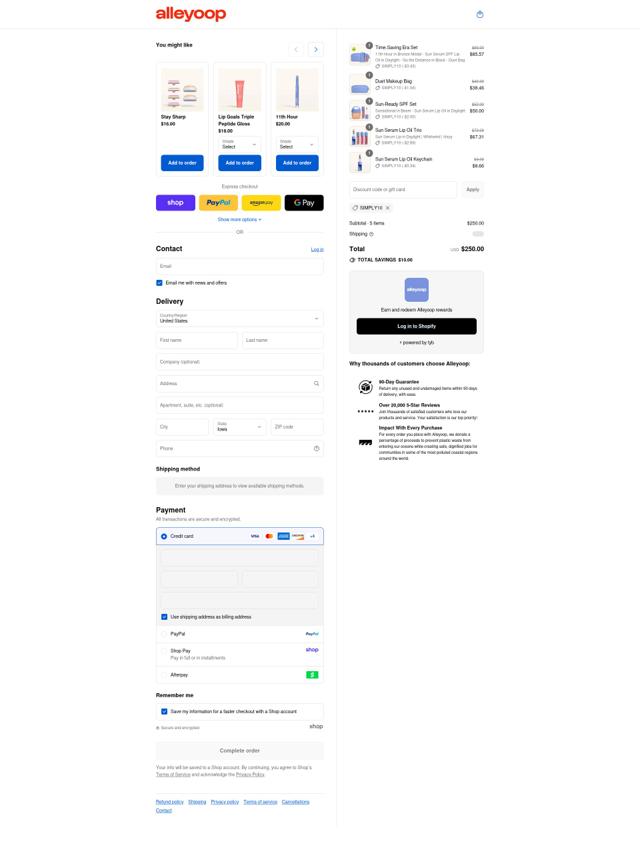 Alleyoop checkout page showing Alleyoop discount code box | Screenshot taken by SimplyCodes community member on Aug 30, 2025