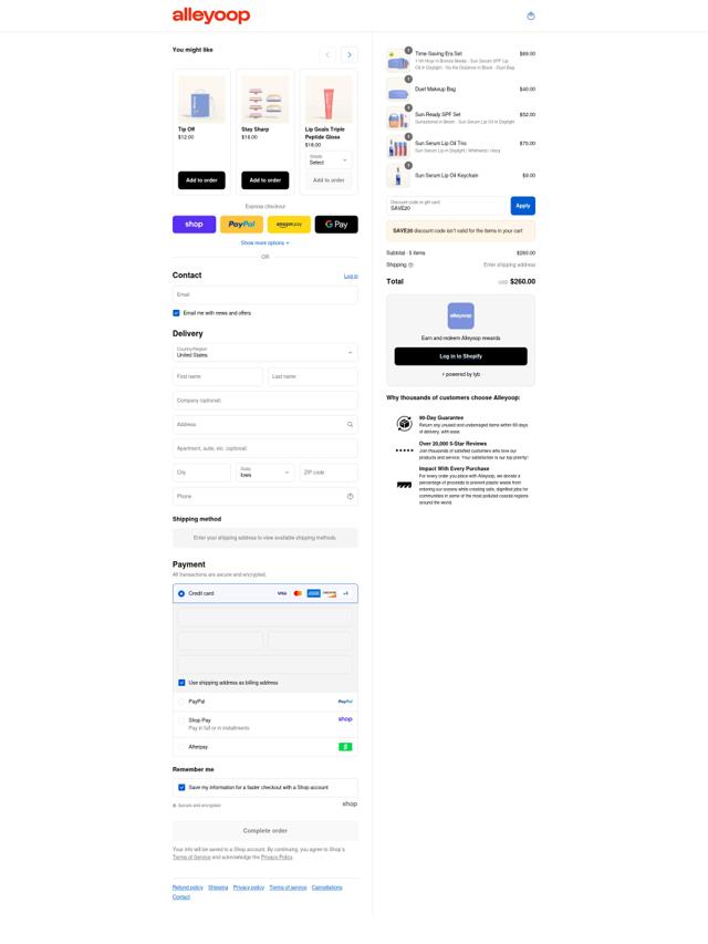Alleyoop checkout page showing Alleyoop discount code box | Screenshot taken by SimplyCodes community member on Sep 8, 2025