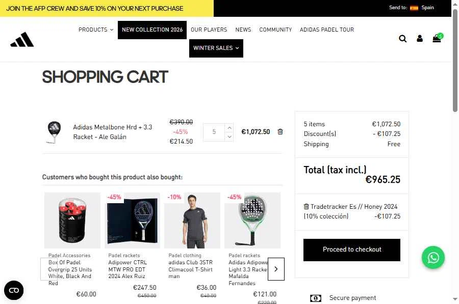 All For Padel checkout page showing All For Padel promo code box | Screenshot taken by SimplyCodes community member on Jan 29, 2026