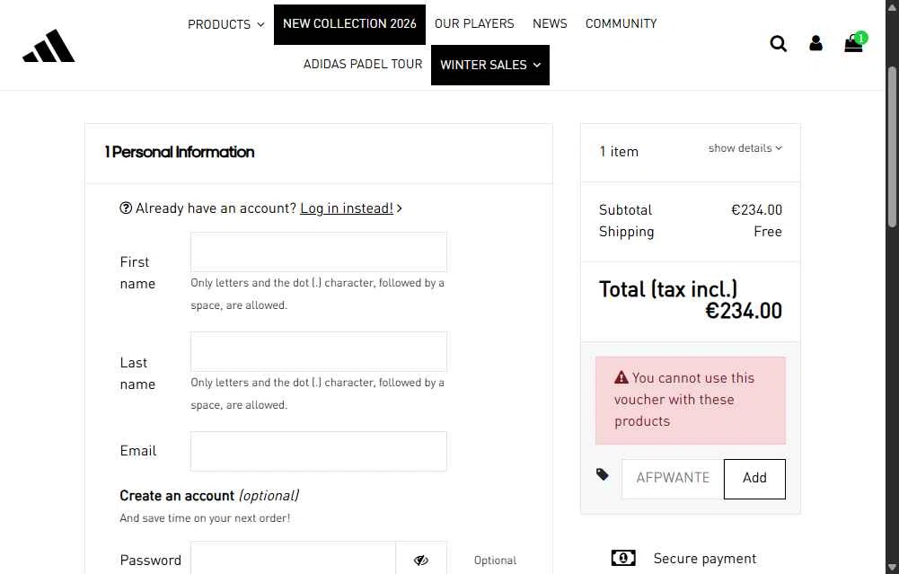 All For Padel checkout page showing All For Padel promo code box | Screenshot taken by SimplyCodes community member on Jan 29, 2026