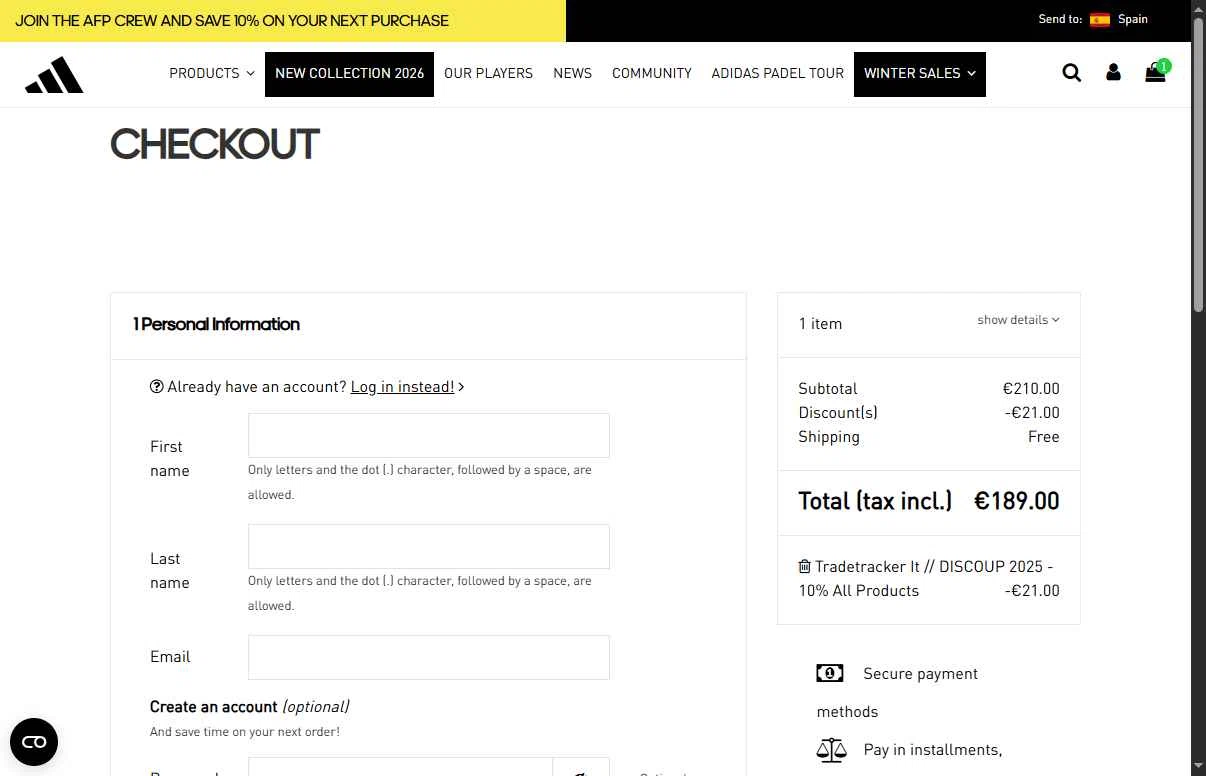 All For Padel checkout page showing All For Padel promo code box | Screenshot taken by SimplyCodes community member on Jan 29, 2026