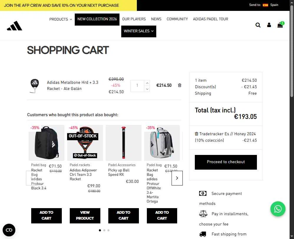 All For Padel checkout page showing All For Padel promo code box | Screenshot taken by SimplyCodes community member on Jan 19, 2026