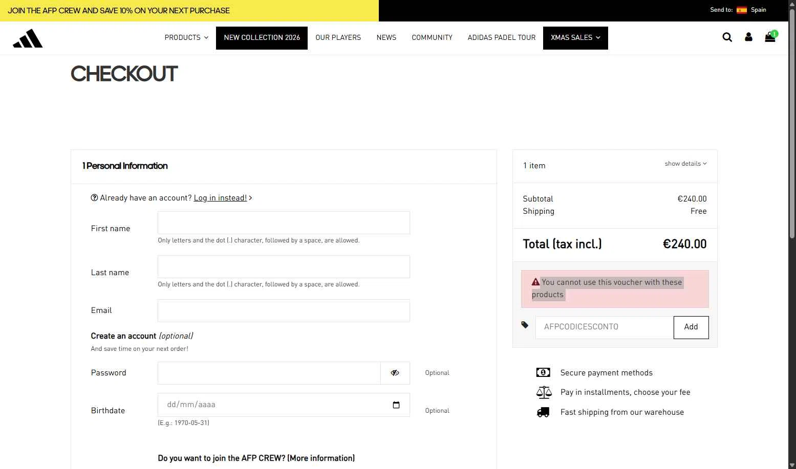 All For Padel checkout page showing All For Padel promo code box | Screenshot taken by SimplyCodes community member on Dec 3, 2025