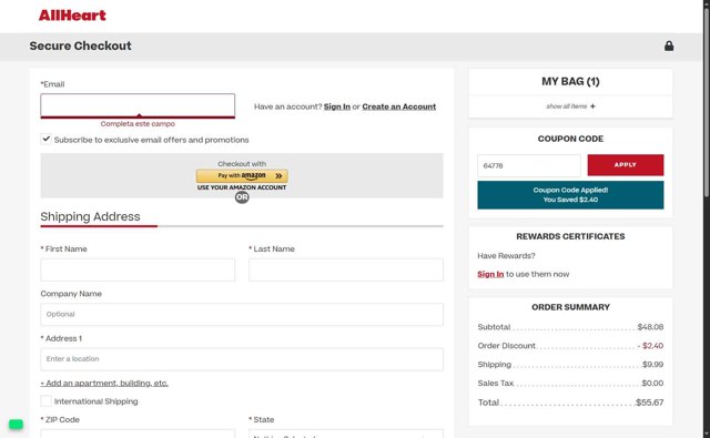 AllHeart checkout page showing AllHeart coupon code box | Screenshot taken by SimplyCodes community member on Jul 27, 2025