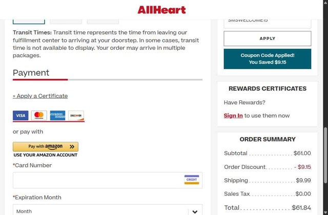 AllHeart checkout page showing AllHeart coupon code box | Screenshot taken by SimplyCodes community member on Jul 20, 2025