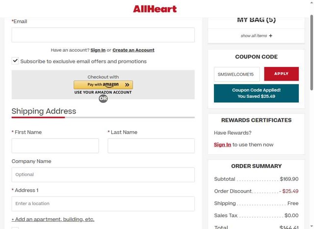 AllHeart checkout page showing AllHeart coupon code box | Screenshot taken by SimplyCodes community member on Jul 20, 2025