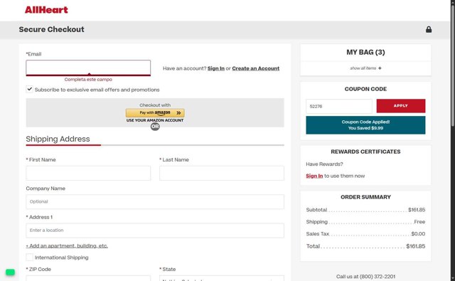 AllHeart checkout page showing AllHeart coupon code box | Screenshot taken by SimplyCodes community member on Jul 28, 2025