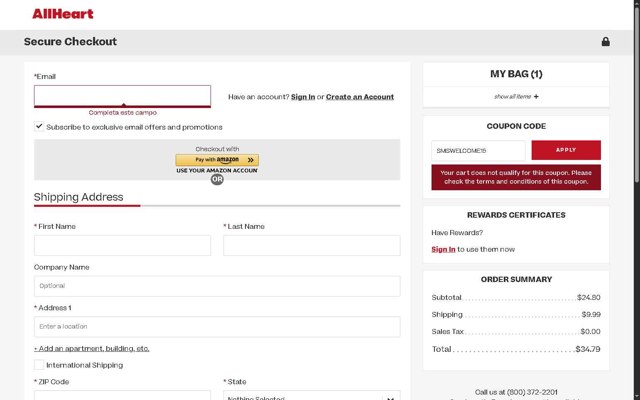 AllHeart checkout page showing AllHeart coupon code box | Screenshot taken by SimplyCodes community member on Aug 18, 2025