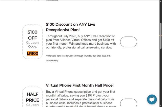Alliance Virtual Offices checkout page showing Alliance Virtual Offices promo code box | Screenshot taken by SimplyCodes community member on Jul 11, 2025