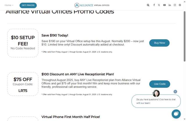 Alliance Virtual Offices checkout page showing Alliance Virtual Offices promo code box | Screenshot taken by SimplyCodes community member on Aug 4, 2025