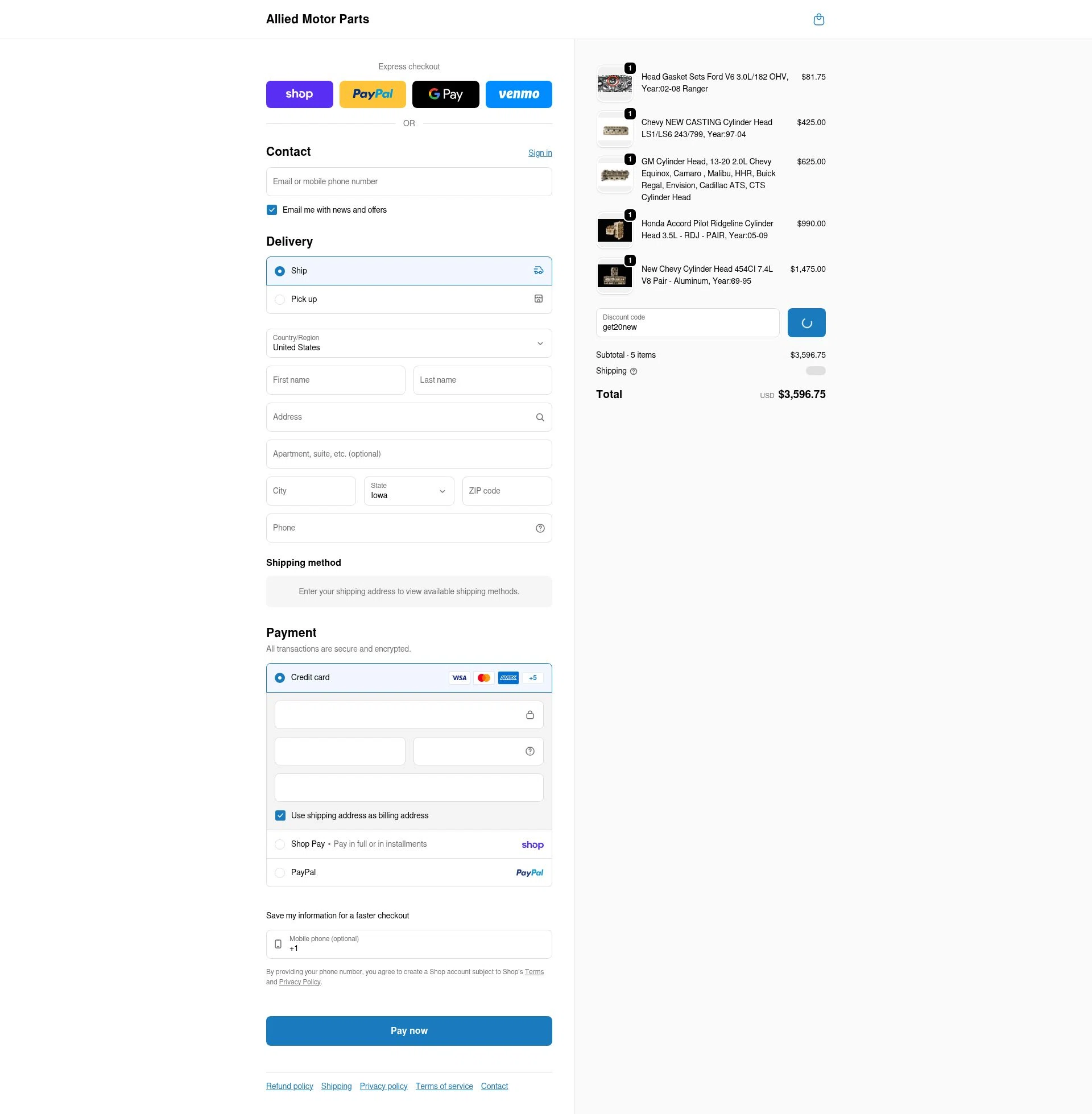 Allied Motor Parts checkout page showing Allied Motor Parts discount code box | Screenshot taken by SimplyCodes community member on Feb 19, 2026