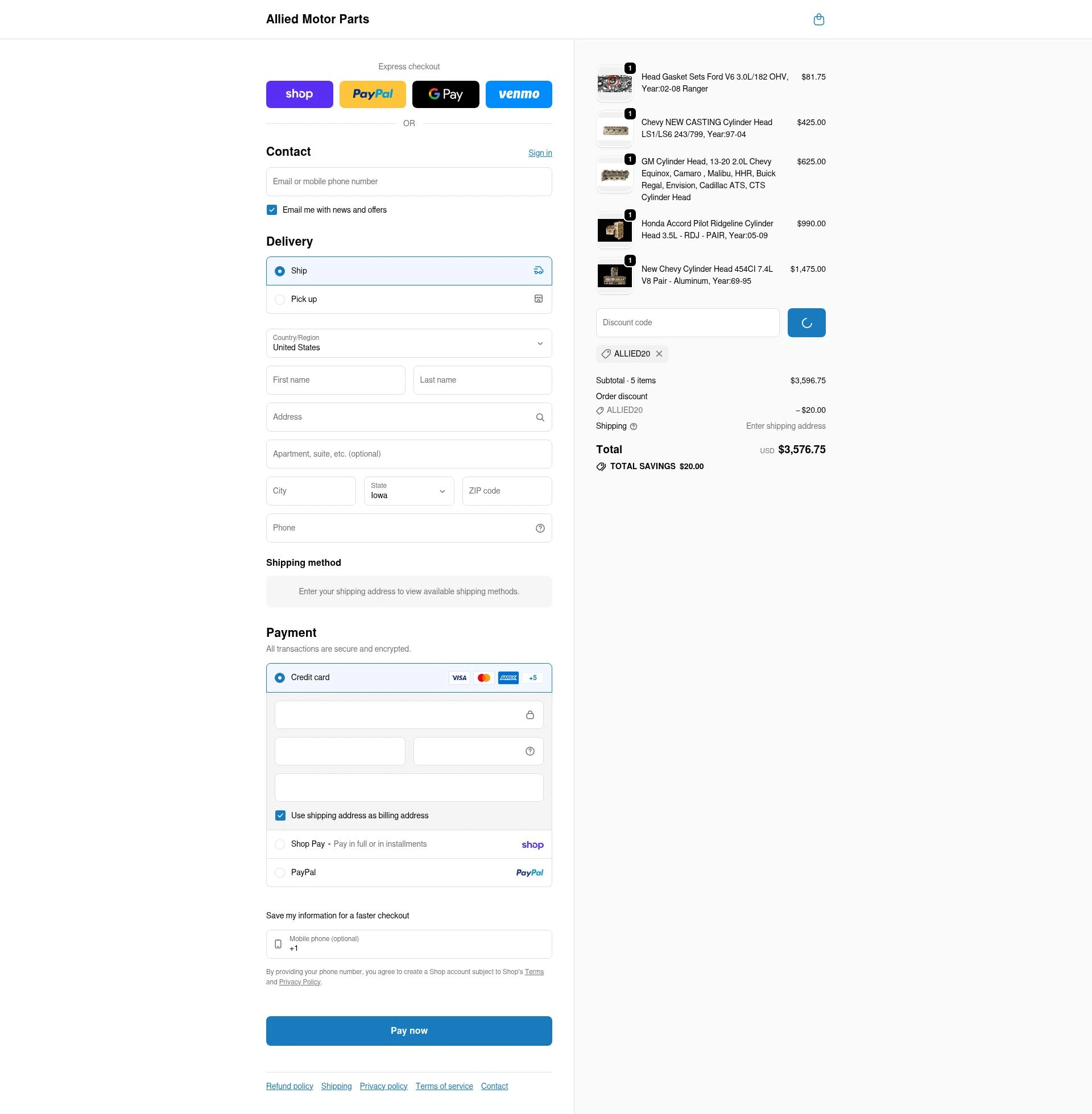 Allied Motor Parts checkout page showing Allied Motor Parts discount code box | Screenshot taken by SimplyCodes community member on Feb 19, 2026