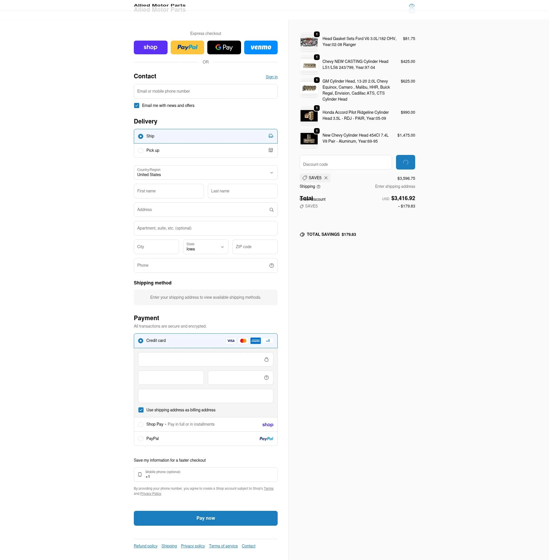 Allied Motor Parts checkout page showing Allied Motor Parts discount code box | Screenshot taken by SimplyCodes community member on Feb 15, 2026