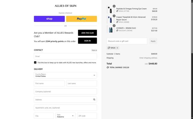 Allies of Skin checkout page showing Allies of Skin promo code box | Screenshot taken by SimplyCodes community member on Sep 13, 2025