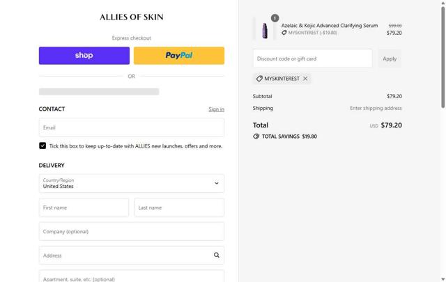 Allies of Skin checkout page showing Allies of Skin promo code box | Screenshot taken by SimplyCodes community member on Sep 13, 2025