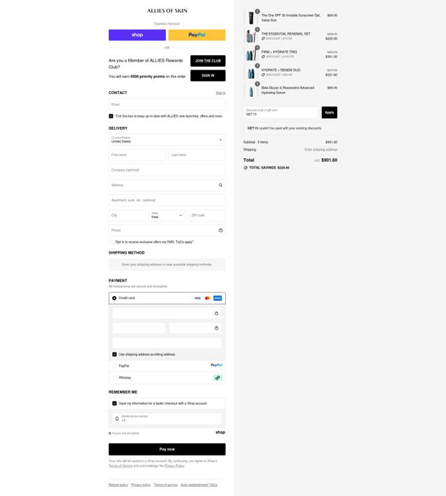 Allies of Skin checkout page showing Allies of Skin promo code box | Screenshot taken by SimplyCodes community member on Sep 13, 2025