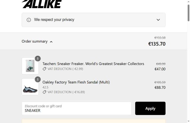 Allike Store checkout page showing Allike Store discount code box | Screenshot taken by SimplyCodes community member on Aug 7, 2025