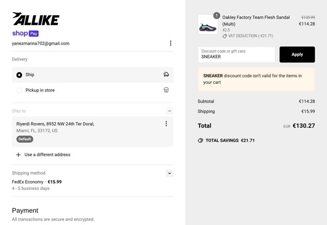 Allike Store checkout page showing Allike Store discount code box | Screenshot taken by SimplyCodes community member on Jun 14, 2025