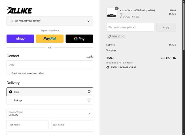 Allike Store checkout page showing Allike Store discount code box | Screenshot taken by SimplyCodes community member on Aug 7, 2025