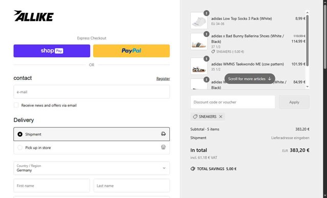 Allike Store checkout page showing Allike Store discount code box | Screenshot taken by SimplyCodes community member on May 20, 2025