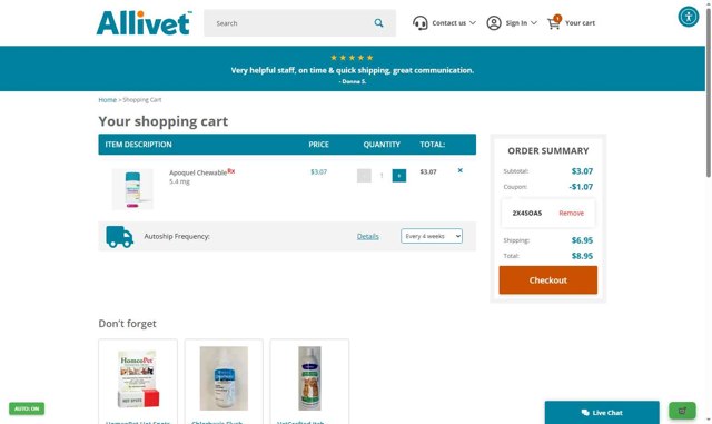 Allivet checkout page showing Allivet promo code box | Screenshot taken by SimplyCodes community member on Sep 8, 2025