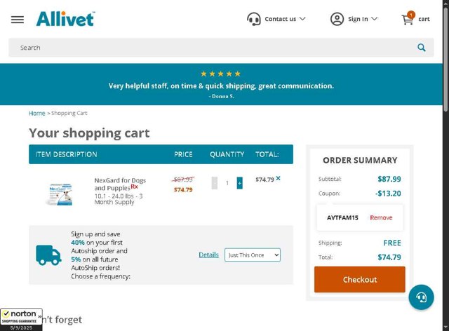 Allivet checkout page showing Allivet promo code box | Screenshot taken by SimplyCodes community member on Sep 5, 2025