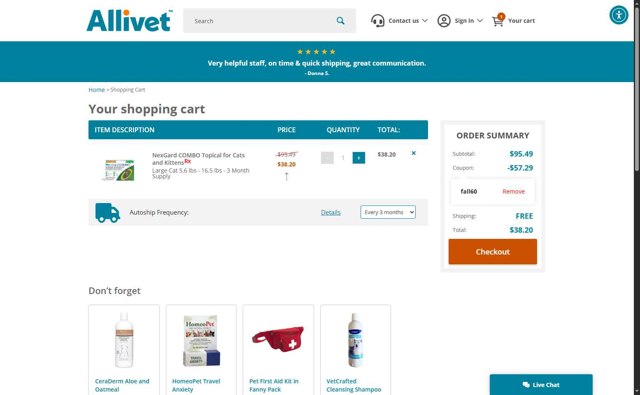 Allivet checkout page showing Allivet promo code box | Screenshot taken by SimplyCodes community member on Sep 3, 2025