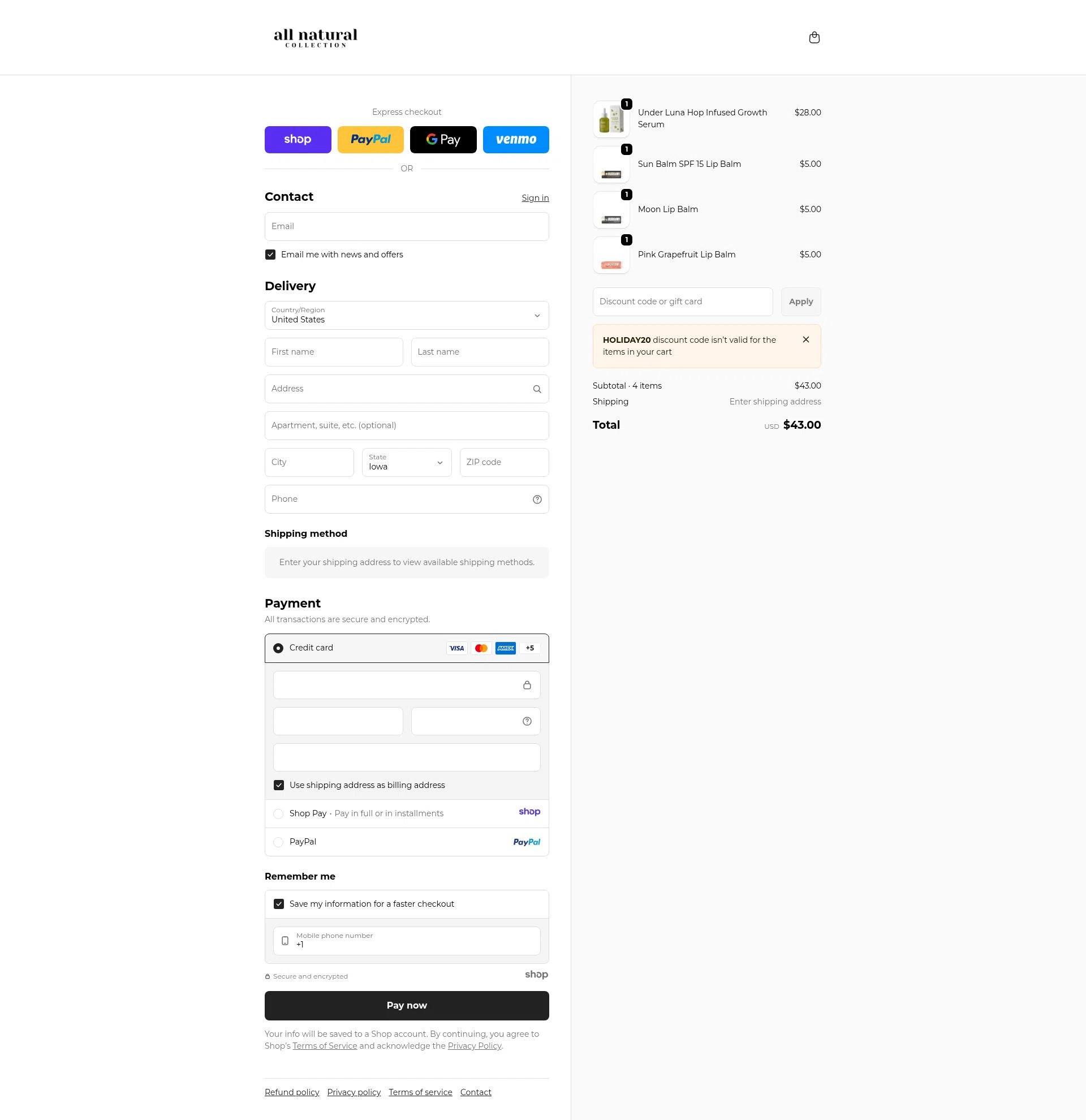 All Natural Collection checkout page showing All Natural Collection promo code box | Screenshot taken by SimplyCodes community member on Dec 23, 2025